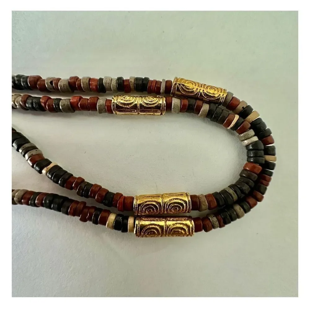 Brown black and gold tone beaded long necklace